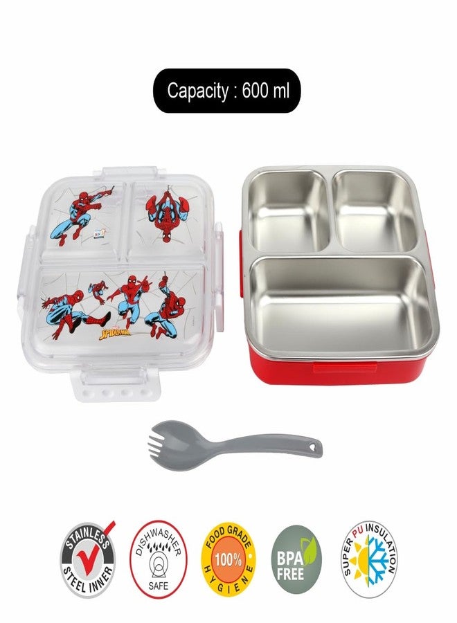 SKi Homeware Brunch Insulated Lunch Box with 3 Compartments, Stainless Steel Interior & Embossed Printed Lid | Leak-Proof Design | 600 ML (Spiderman) - Image 5